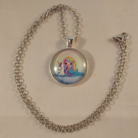 Silver Mystical Rainbow Unicorn Mermaid Cabochon Pendant Chain Necklace Gift - Picture 3 of 3
